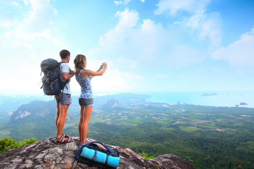 couple, travel, mountain, top, backpack, height