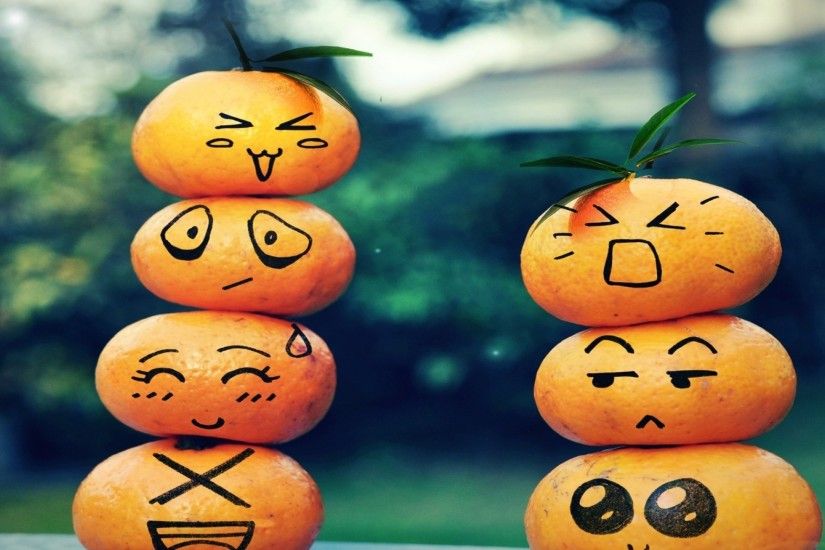 2048x1152 Wallpaper fruit, emoticons, smiley face, table, leaves, bokeh