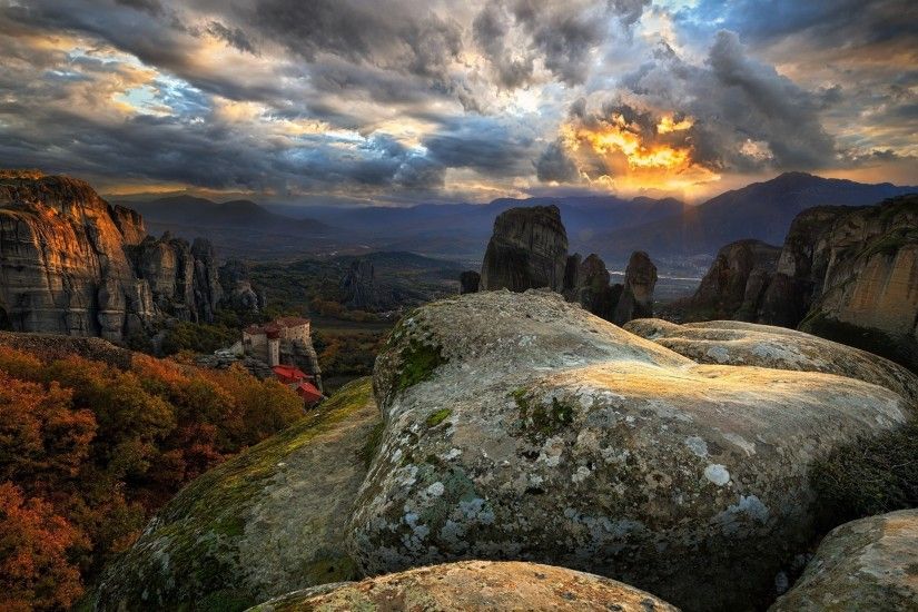 nature, Landscape, Mountain, Sunset, Greece, Monastery, Cliff, Clouds,