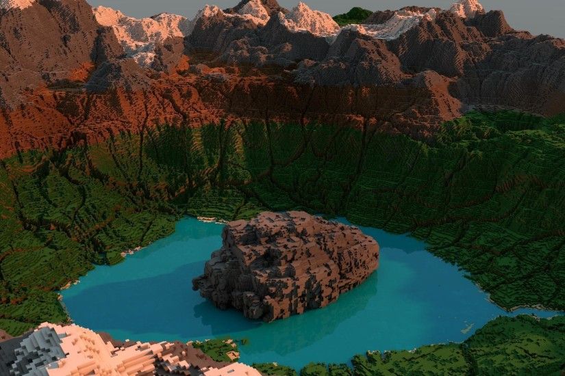 Lake surrounded by mountains in Minecraft wallpaper 1920x1080 jpg