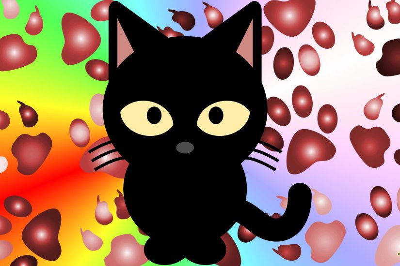 Colorful wallpaper with a black cat and paw prints.