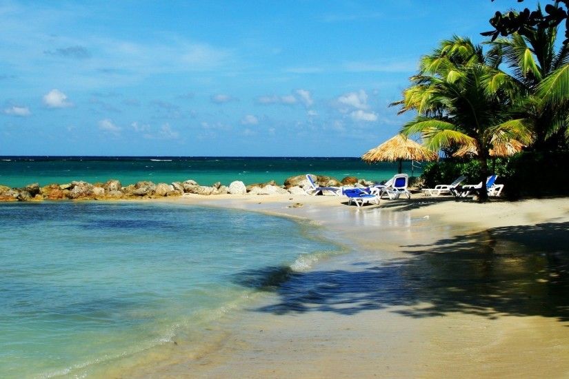 Beach Sea Sand Shadow Beachchairs Palms Umbrella Jamaican Wallpaper Full HD