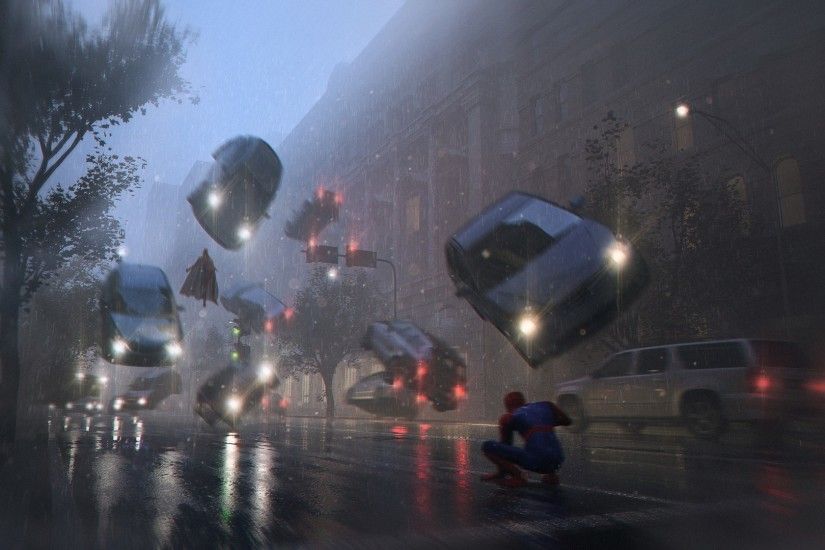 #street, #rain, #digital art, #Spider-Man, #Magneto, wallpaper