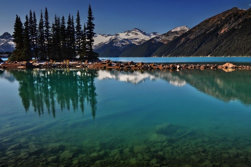 Clear lake water by the snowy mountains wallpaper