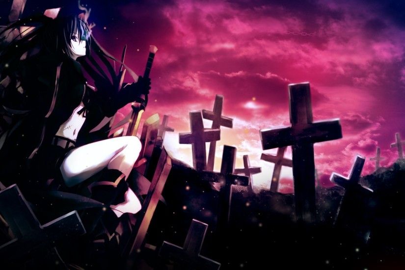 Preview wallpaper anime, girl, thoughtful, sword, cemetery, darkness  2048x1152