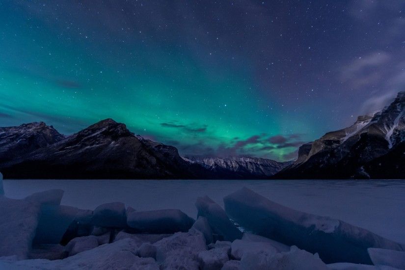 landscape, Snow, Aurora borealis Wallpaper HD