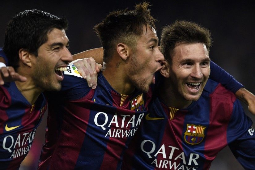 Barcelona Players Celebrations Luis Suarez Neymar Messi After The Goal
