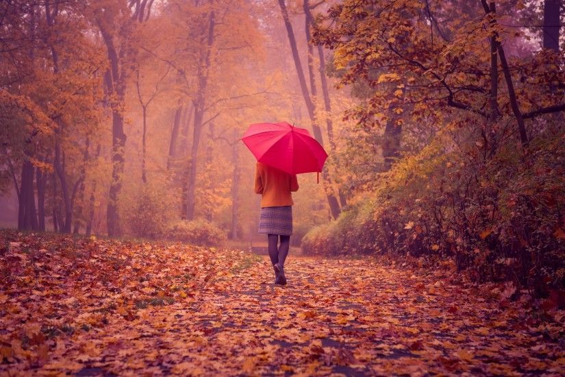 Related Wallpapers from James Brown. Girl Red Umbrella Fall Road Nature