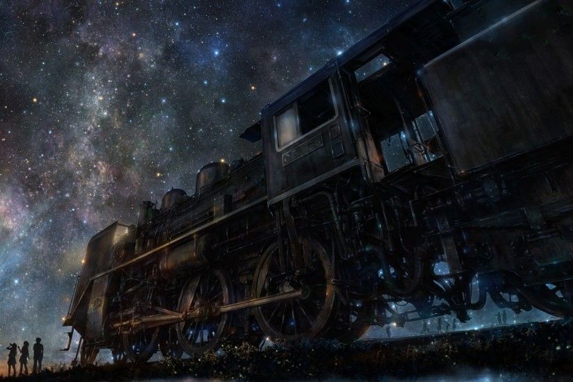 Preview wallpaper iy tujiki, art, night, train, anime, starry sky 1920x1080