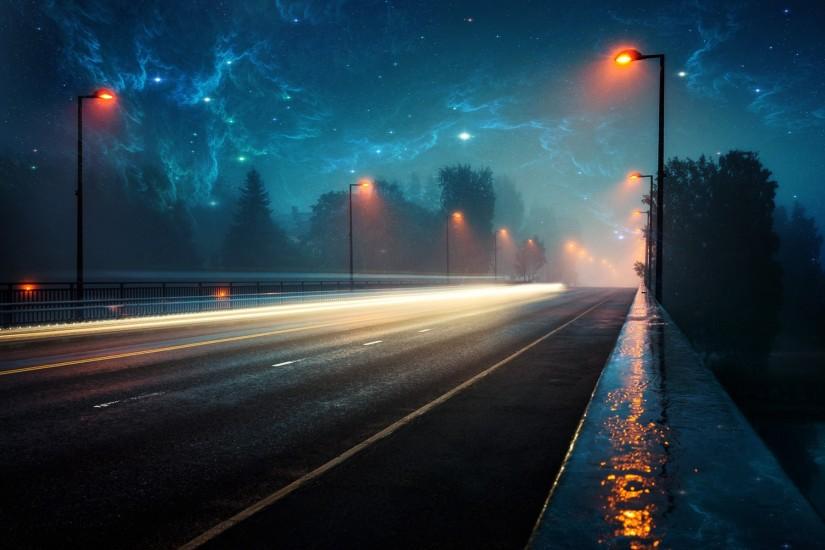 nebula, Space, Lighter, Lights, Road, Evening, Rain Wallpaper HD
