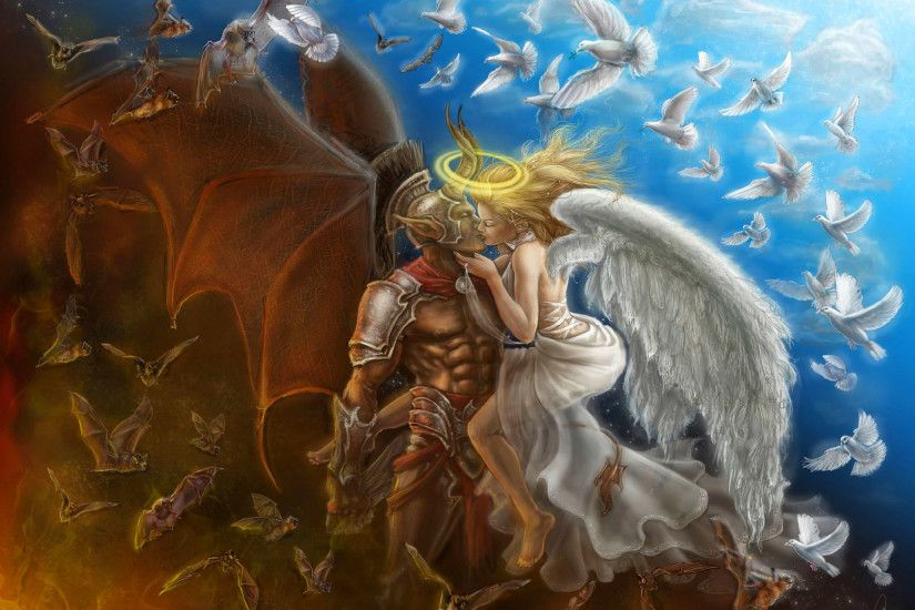 Fantasy - Love Good vs. Evil Angel Demon Oocult Dove Bat Wallpaper