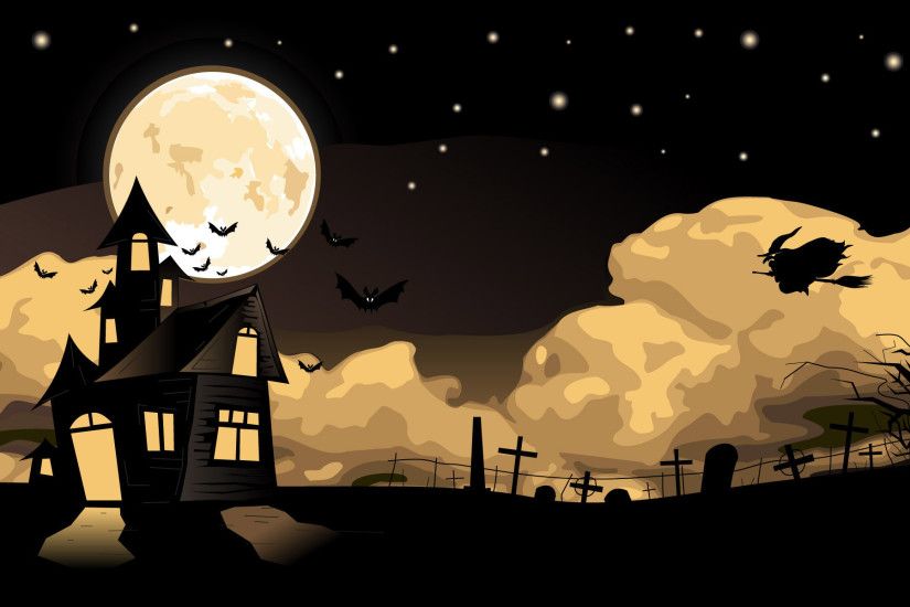 ... happy halloween witch riding a broom coming home on a moonlit night  cemetery bats star vector