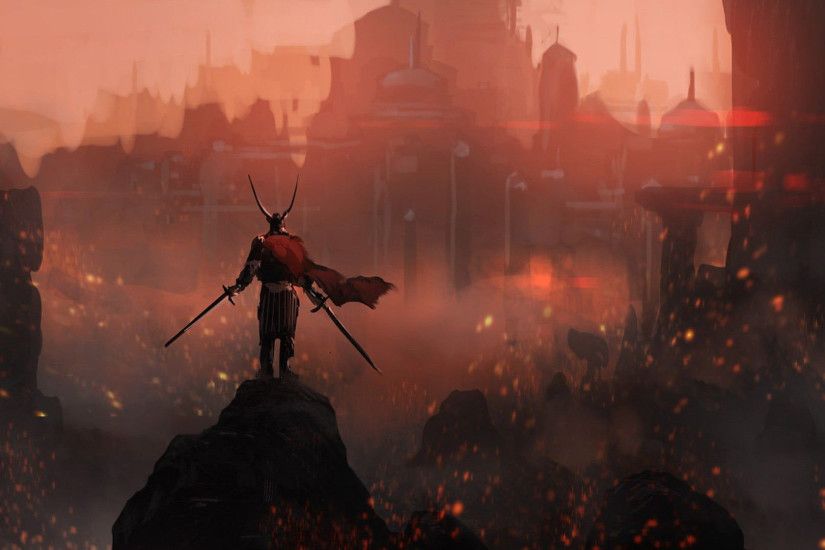 Viking on the background of the burning city