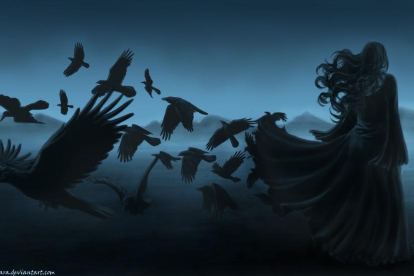 dark horror gothic women raven poe birds art mood wallpaper background