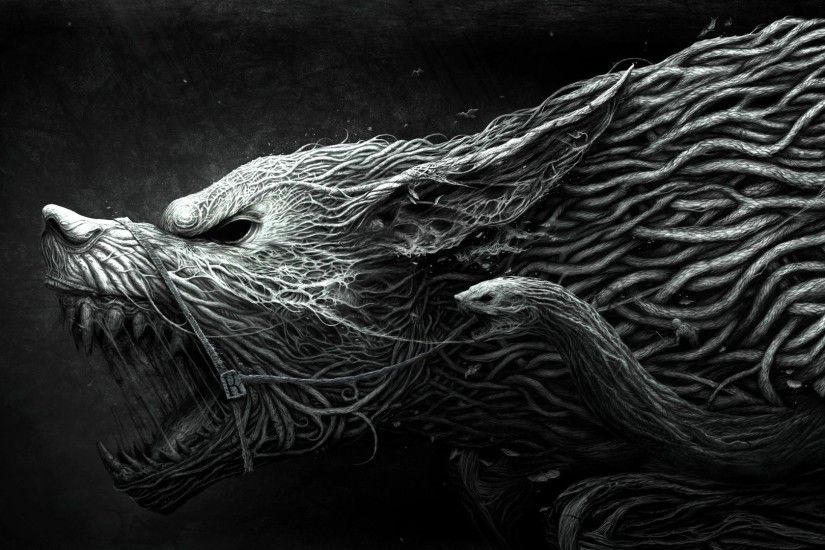 Preview wallpaper wolf, teeth, drawing, aggression, black, white 1920x1080