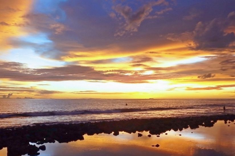 2560x1080 Wallpaper landscape, sunset, beach, sky, reflection