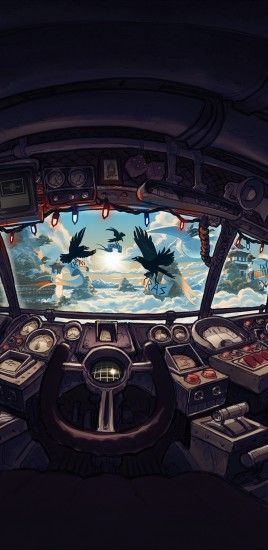Fantasy Girl, Steampunk, Cockpit, Vehicle, Clouds