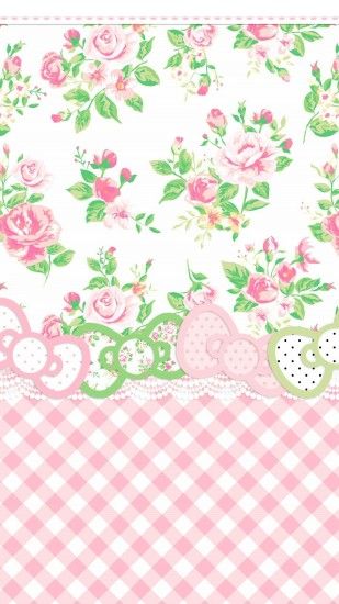 iPhone Wallpaper - preppy pink & green gingham check floral HK Hello Kitty