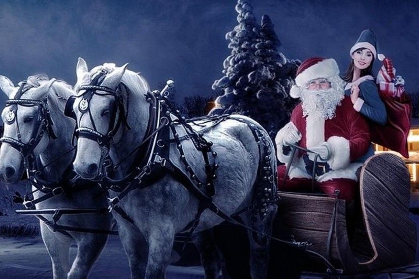 3840x1200 Wallpaper santa claus, sleigh, girl, horse, tree, night, christmas