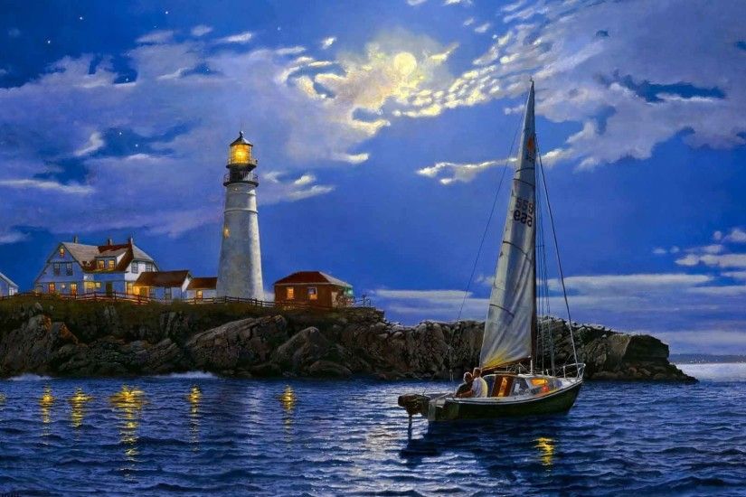 Sea Ocean Lighthouse Painting Sailboat Nature Wallpapers And Free Desktop  Backgrounds