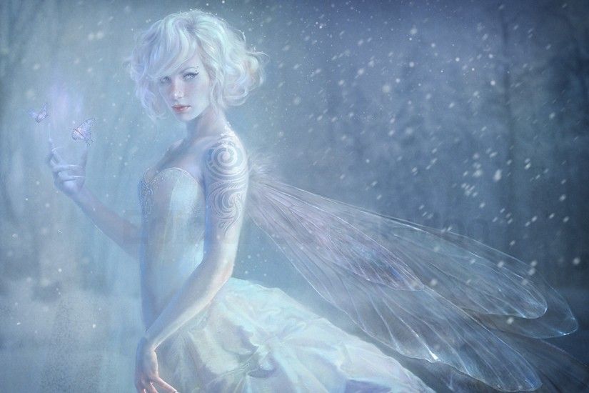 fantasy girl wallpaper, digital art, wings, snow, fairy, butterfly