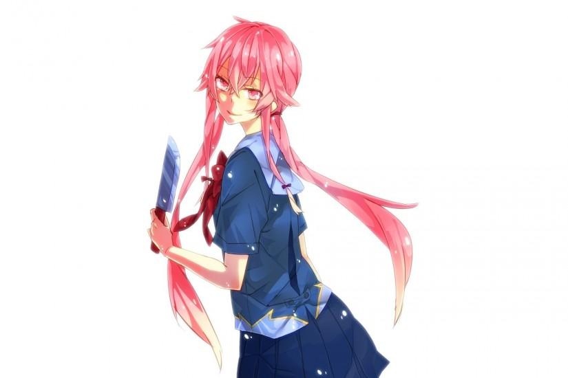 school uniforms skirts pink hair red eyes knives simple background anime  girls white background Mirai Nikki