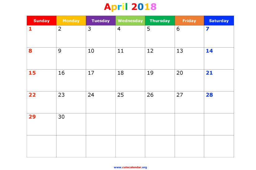 April 2018 Calendar Cute
