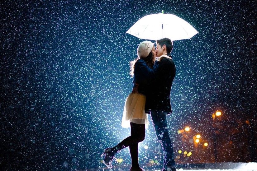 Preview wallpaper couple, love, kiss, snow, umbrella 3840x2160