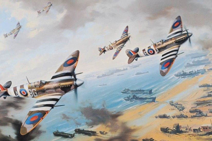 fighter sweep d-day normady landing in normandy fighters spitfire ships  beach picture art