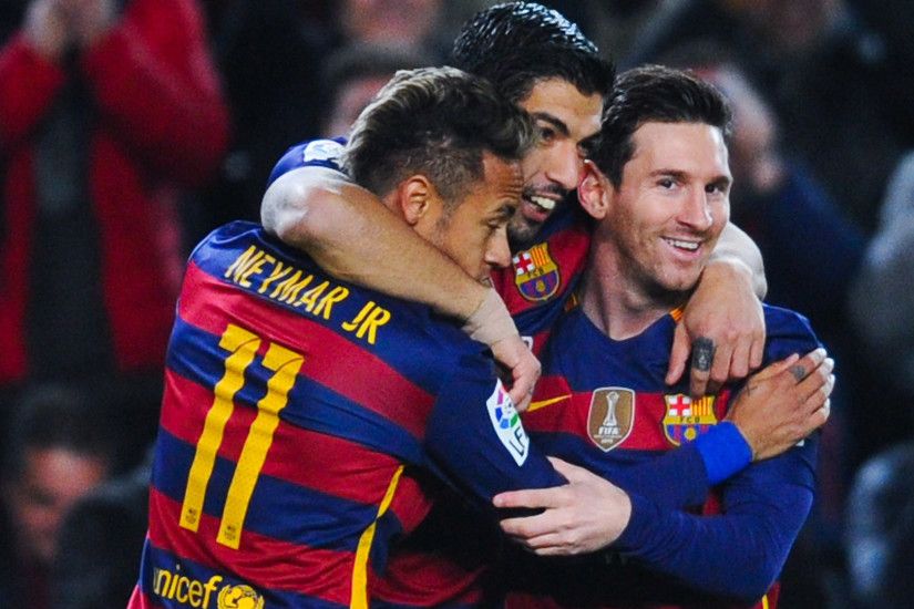 Barcelona Neymar Luis Suarez Lionel Messi After The Goal