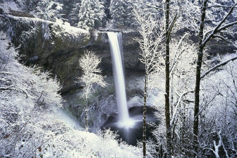 Snowy Forest Waterfall Wallpaper