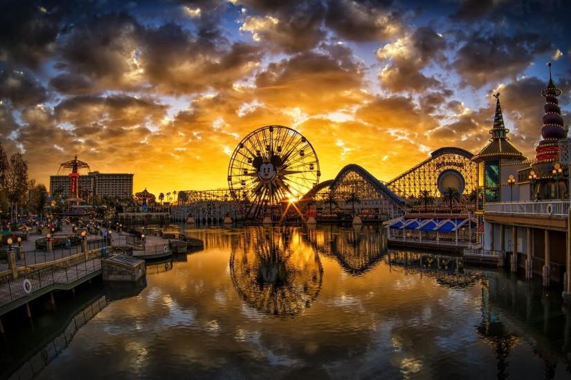 city, River, Ferris Wheel, Reflection, Pier, California, Disneyland,  Sunset, Theme Parks Wallpaper HD