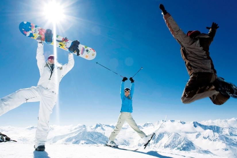 Preview wallpaper snowboard, skis, jump, pleasure, smiles, sun 1920x1080