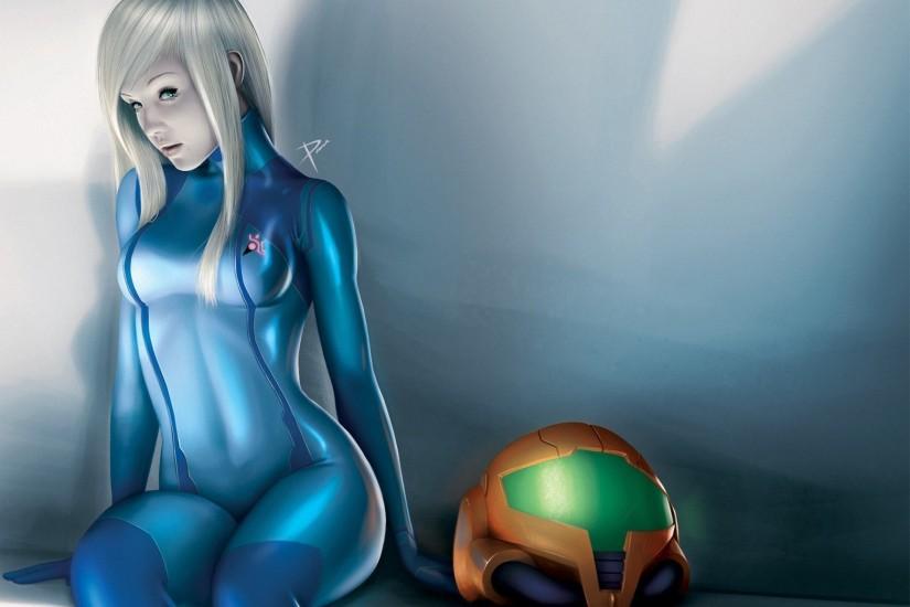 Metroid Zero Suit Samus Girl Helmet Suit Sitting Wallpaper