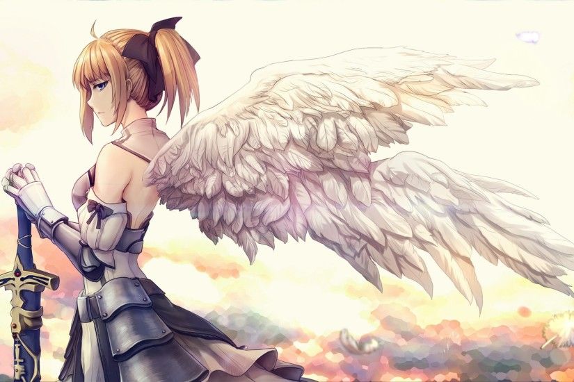Anime girl with white angel wings