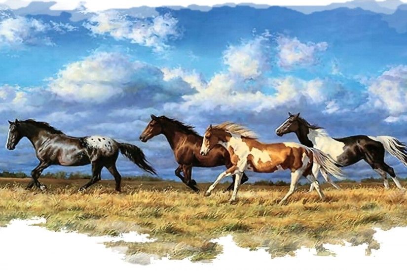 Animals: Art Couple Running Horses Beauty Animal Painting Head .