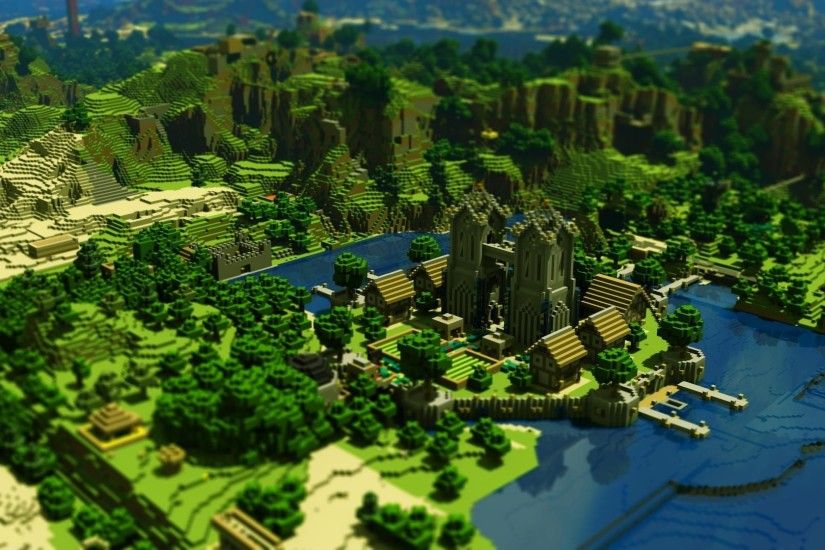 1920x1080 Wallpaper minecraft, trees, houses, mountains, water