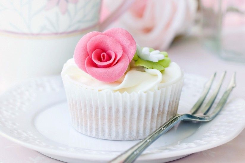 Delicate White Background with Cake and Pink Rose