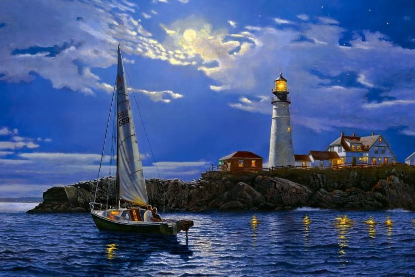 art paintaings love romance sailing boats architecture lighthouse night  mood sky clouds moon wallpaper