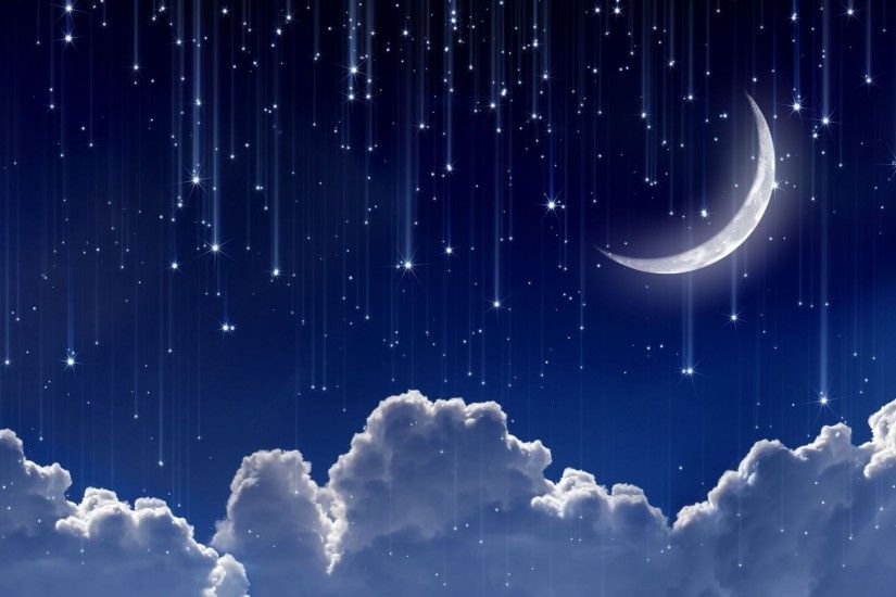 space moon year crescent sky clouds star stars lights night background  wallpaper widescreen full screen hd