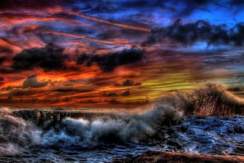 Stormy Sea Clouds Stones Sky Waves Sun Sunset Hd Wallpaper Free Download