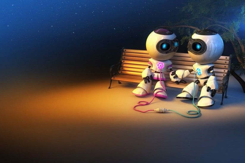 Cute Robots | Two cute robots are falling in love sitting on a bench at  night