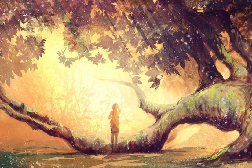Girl Alone Fantasy Art Tree Wallpaper