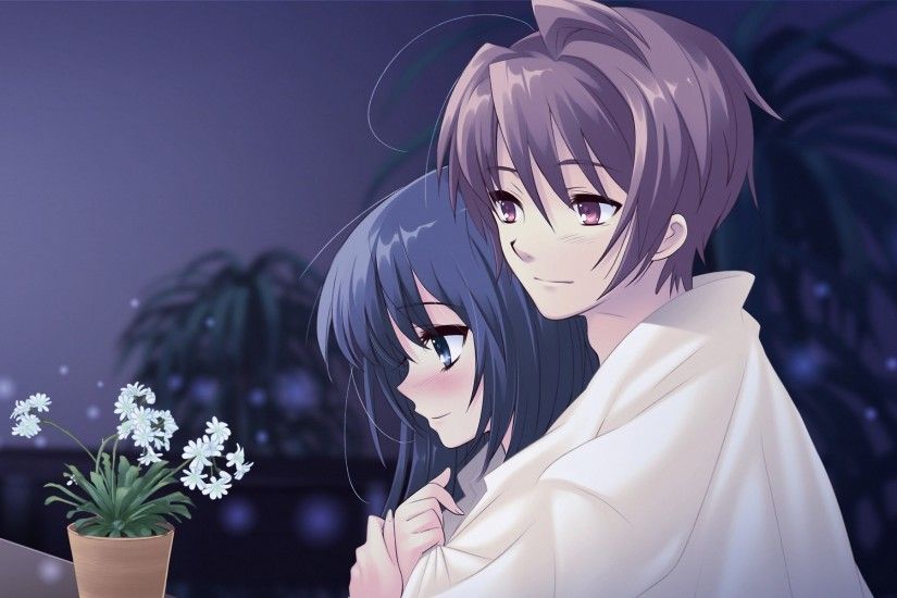 Wallpaper Anime, Boy, Girl, Pot, Flower, Hug, Tenderness