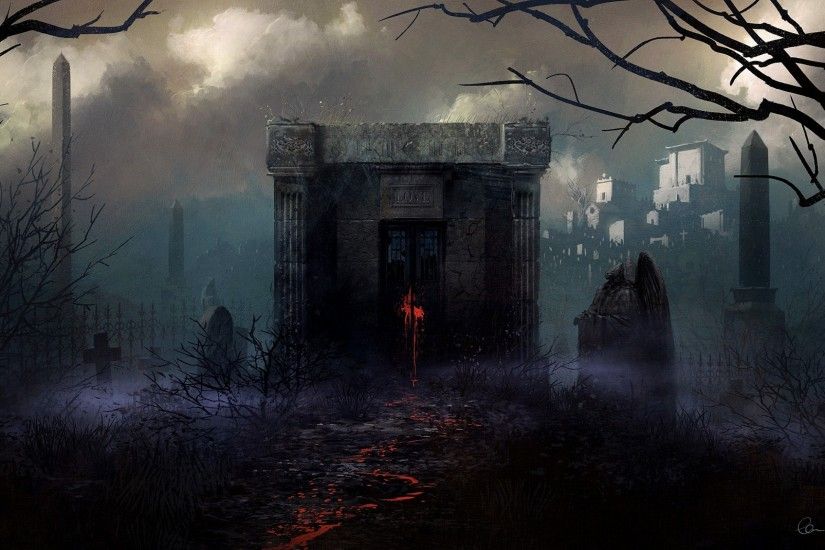 Graveyard, Gothic, Fantasy World, Painting, Horror, Dark Theme, Fog