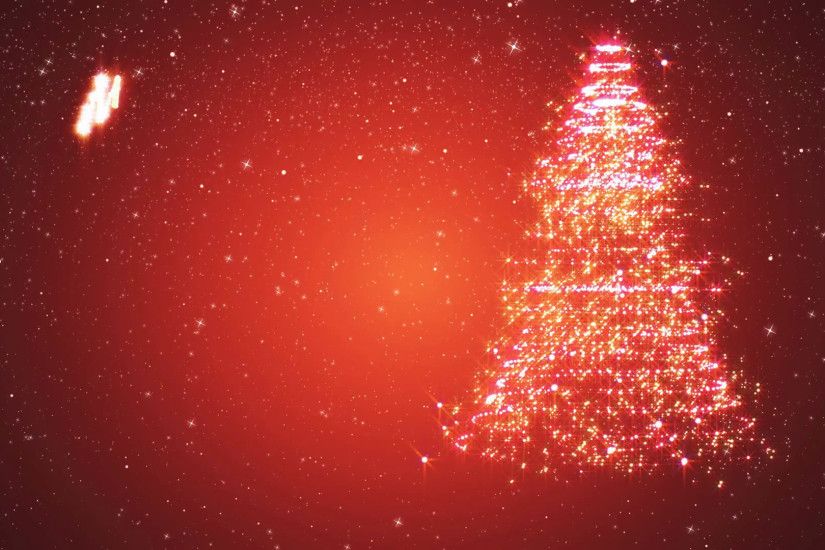 Snowy background with a rotating Christmas tree of shiny particles. Festive  background with animated text