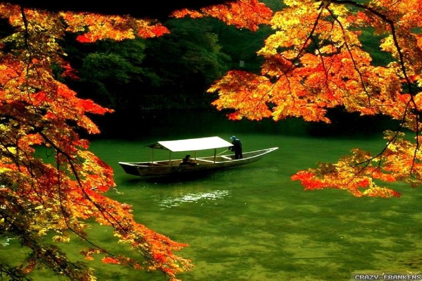 Wallpaper: Boat on river autumn in Japan wallpapers. Resolution: 1024x768 |  1280x1024 | 1600x1200. Widescreen Res: 1440x900 | 1680x1050 | 1920x1200