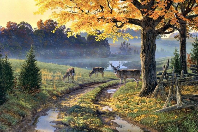 nature painting path animals trees deer Wallpapers HD / Desktop and Mobile  Backgrounds