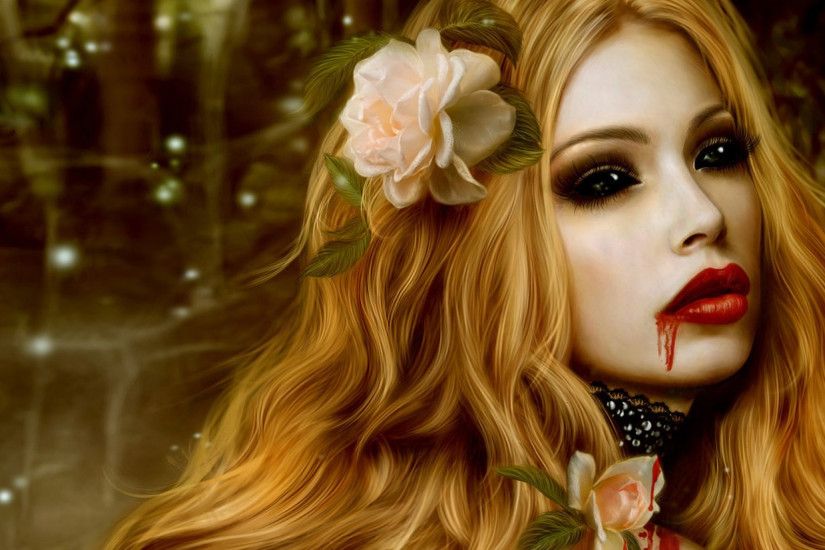 Preview wallpaper vampire, blood, flowers, girl, lips 3840x2160