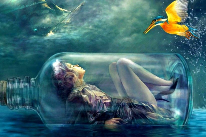 Fantasy - Women Fantasy Girl Woman Bottle Bird Wallpaper